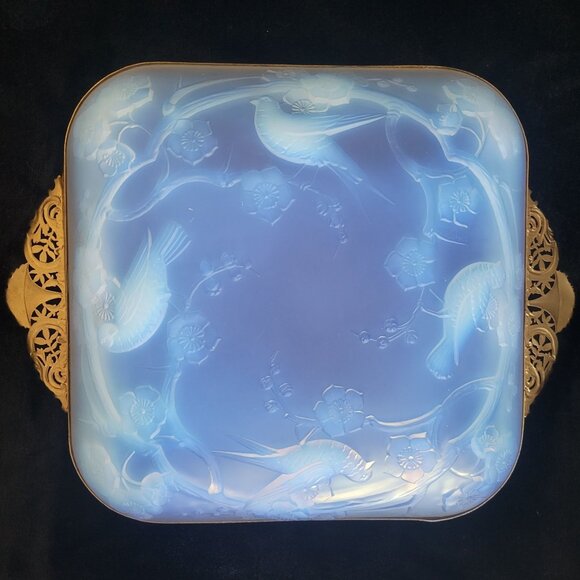 Antique French Julien Opalescent Glass Dish Birds & Floral Metal Rims & Handles - Picture 4 of 13